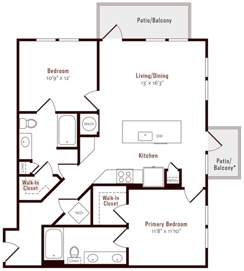Floor plan for 2 beds, 2 baths, 1035 sqft